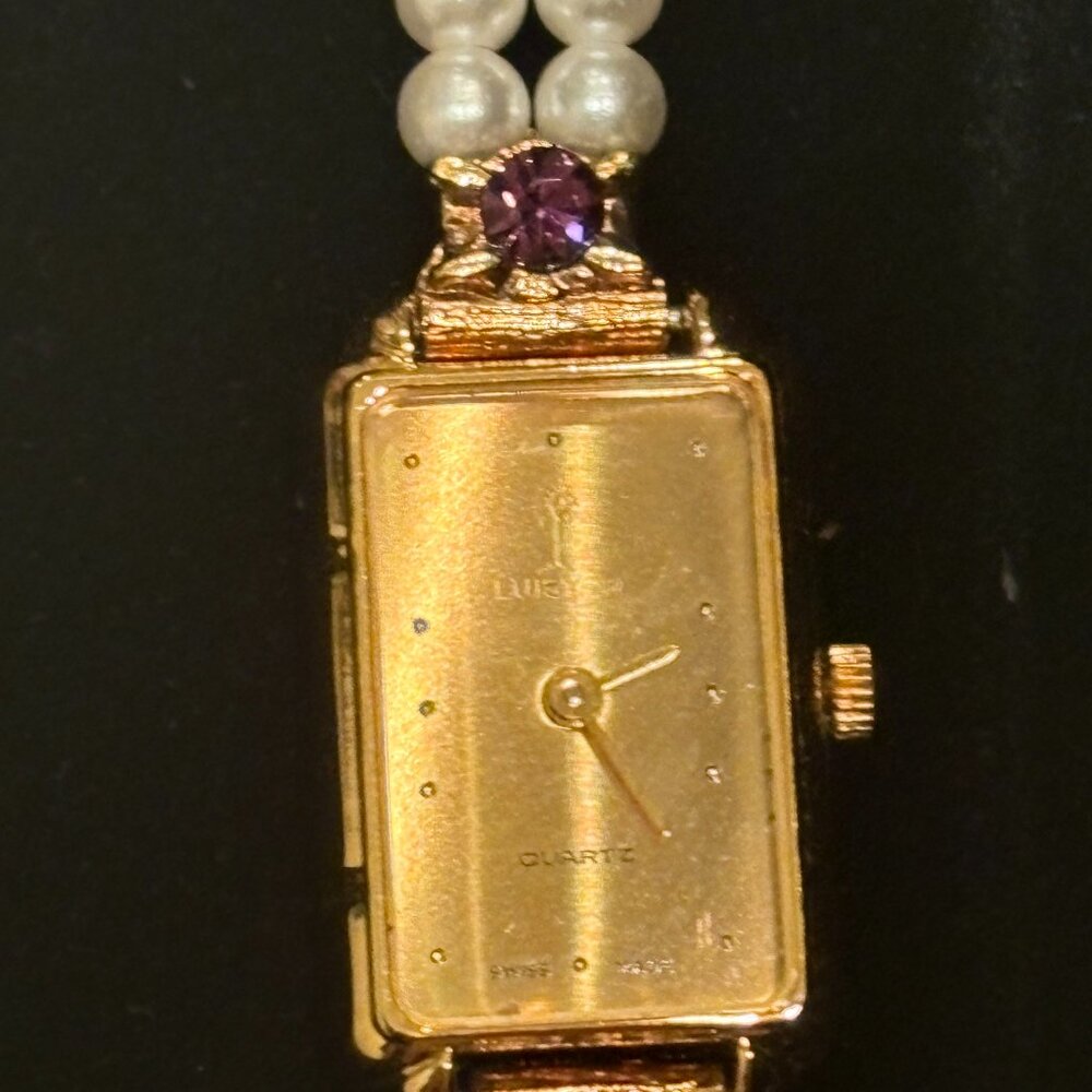 Vintage Luistar Quartz Swiss Watch – Gold-Tone, Pearls & Purple Gems